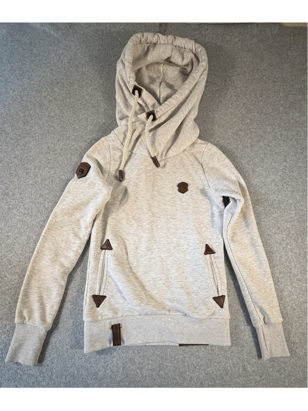 Naketano Women’s Small Tan Cowl Neck Pullover Hoodie Rope Leather Accents